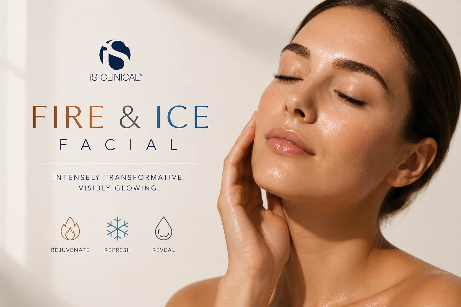 Promotional advertisement for iS Clinical Fire & Ice Facial showing a woman with glowing skin and closed eyes, with text highlighting its benefits such as rejuvenate, refresh, and reveal.