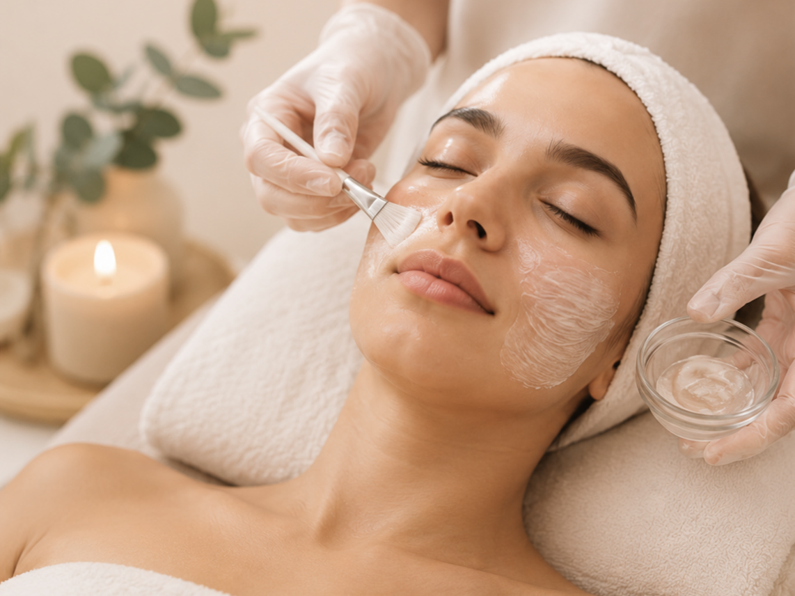 A woman receiving a facial treatment, lying with her eyes closed, wearing a towel wrapped around her head, while a skincare professional applies a mask with a brush and holds a bowl with skincare product.