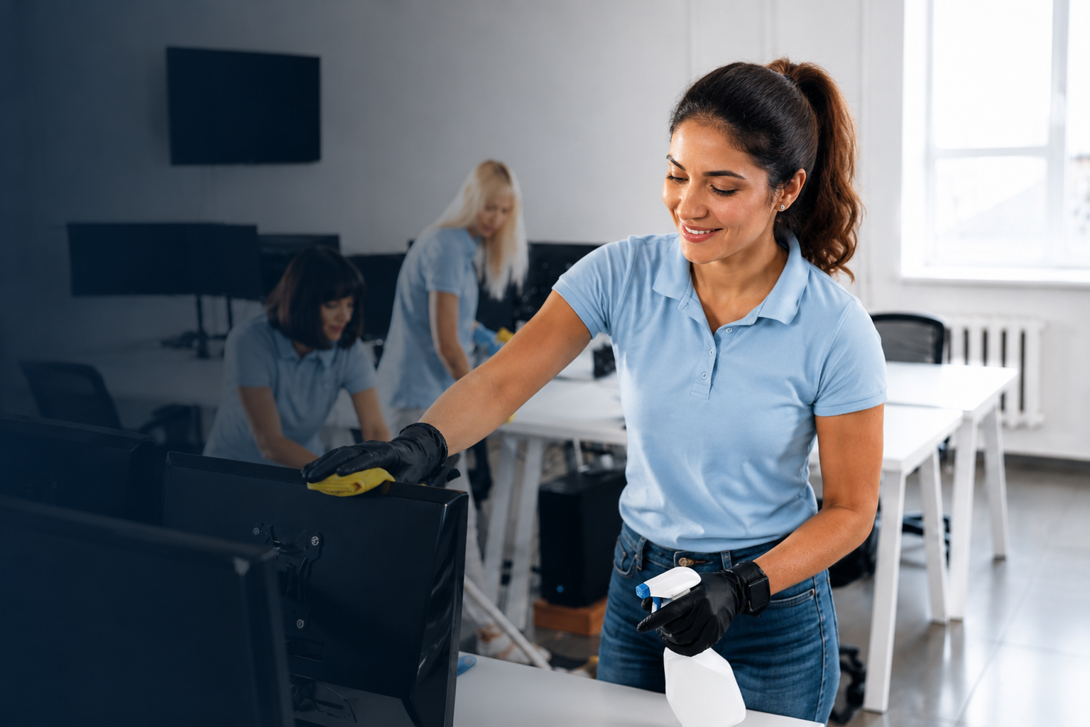 Women wearing gloves cleaning computer monitors in an office.