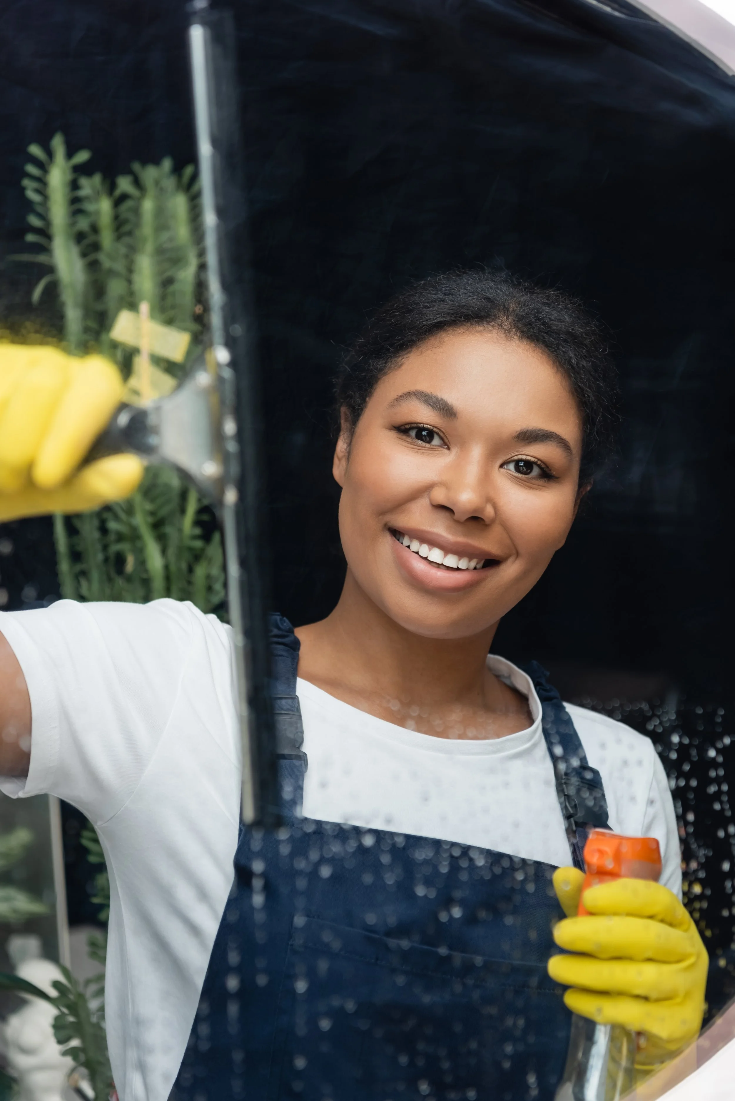 A woman with dark hair, smiling, wearing a white shirt, yellow gloves, and a dark apron, cleaning a glass window with a squeegee in a setting with green plants in the background.