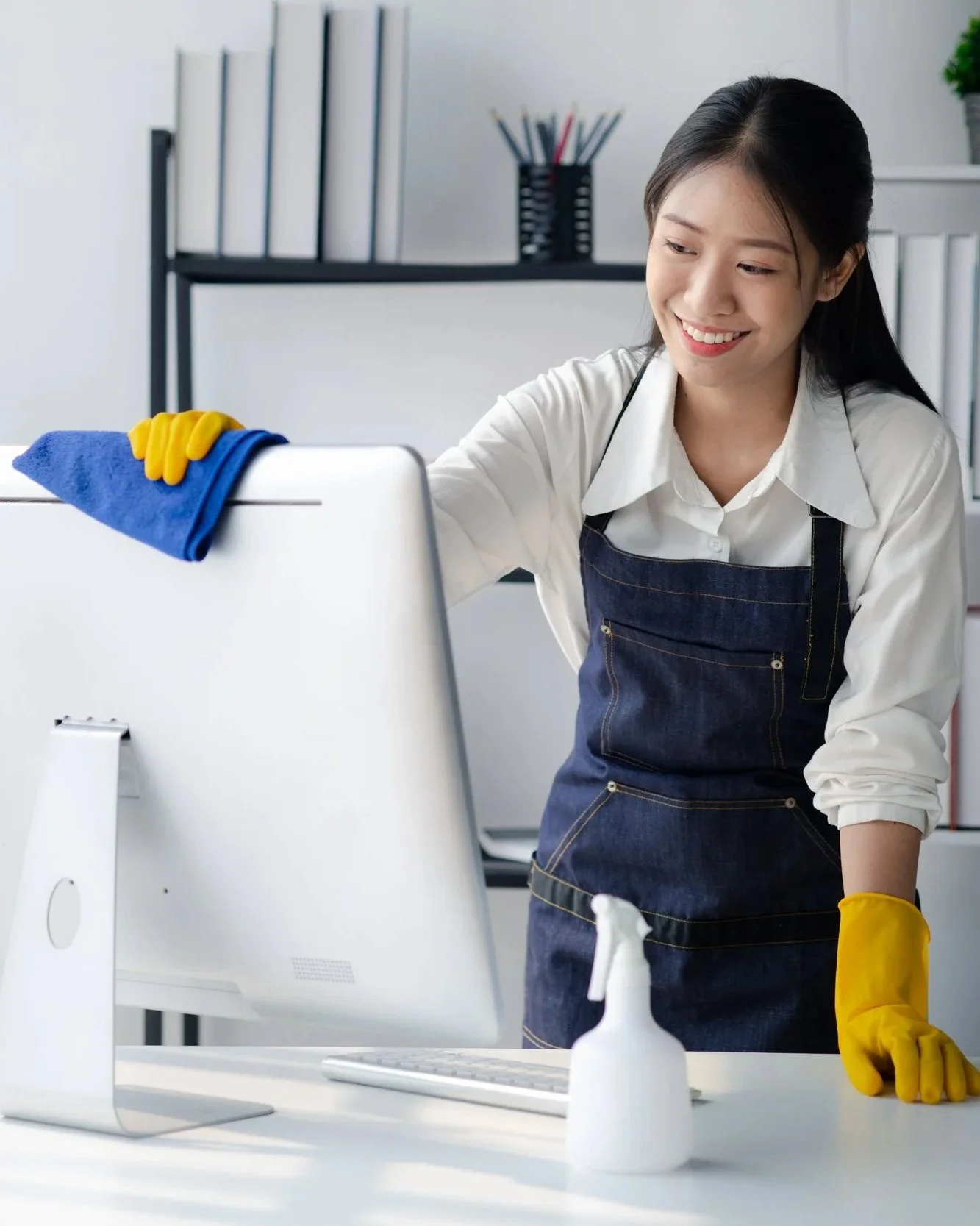 A woman cleaning a monitor in an office, wearing yellow rubber gloves and a denim apron.
