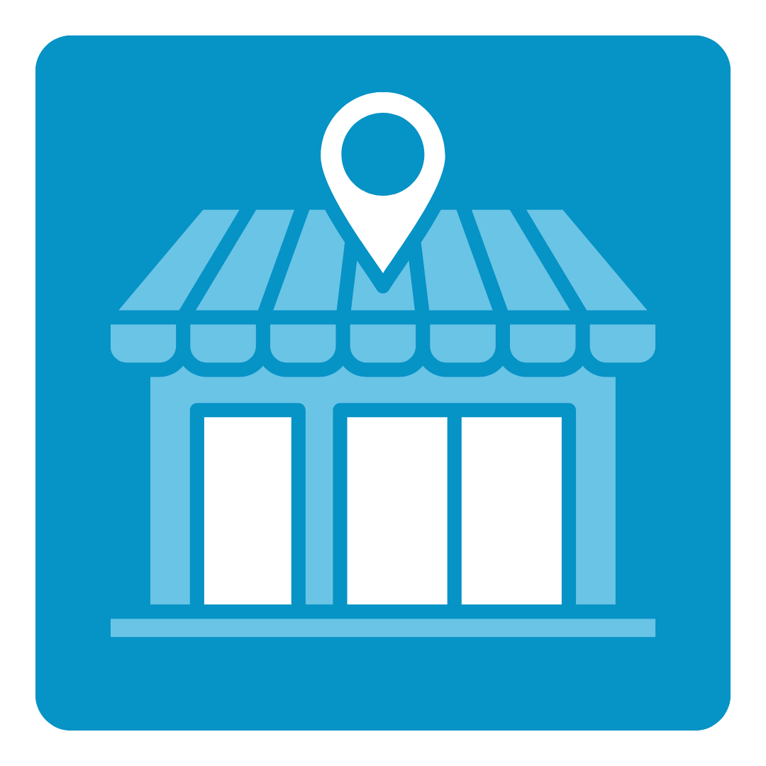 Icon of a storefront with a location pin on top, representing a shop or store.