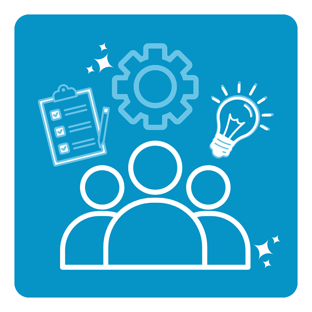 Icon representing teamwork and innovation, including three people, a gear, a checklist, and a lightbulb on a blue background.