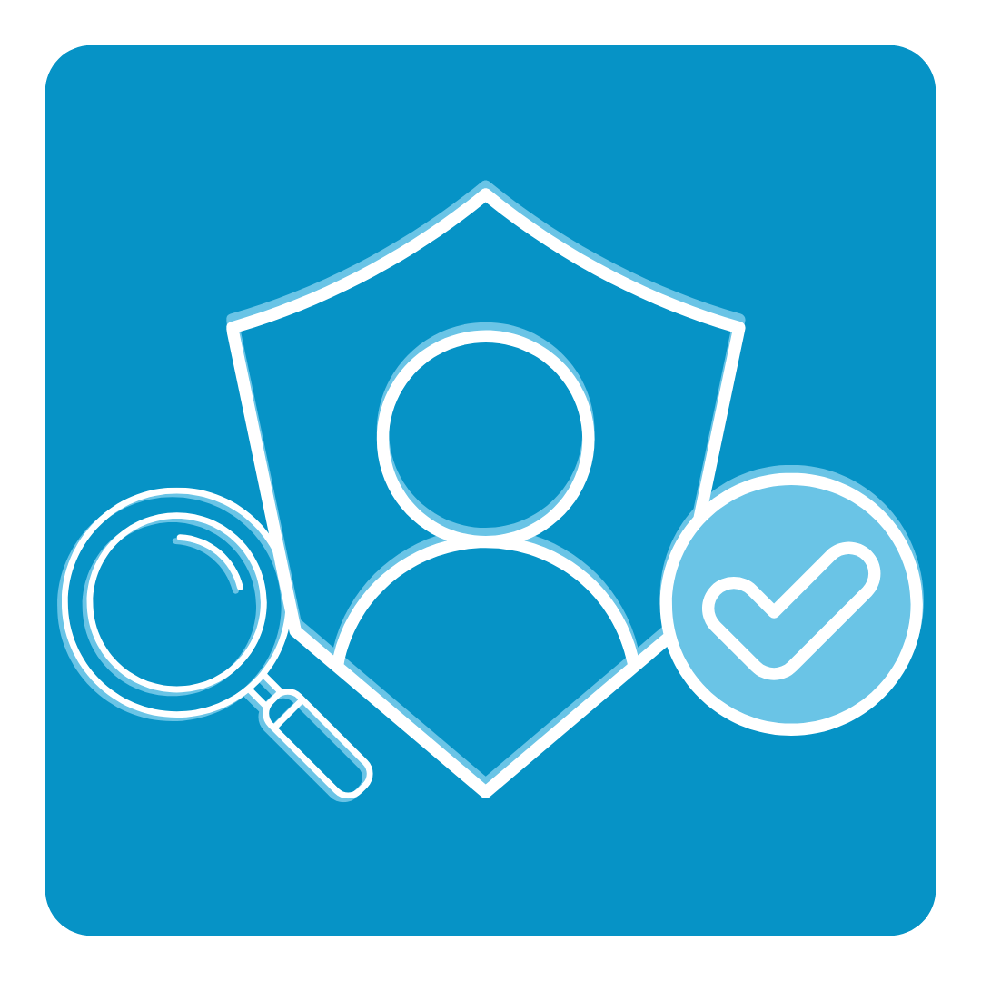 Security badge icon with a shield, magnifying glass, person silhouette, and a checkmark, representing identity verification or security.