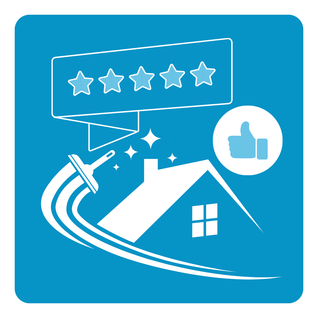 Graphic depicting a house with a five-star rating, a thumbs-up icon, and a vacuum cleaner, indicating positive reviews and cleaning service.