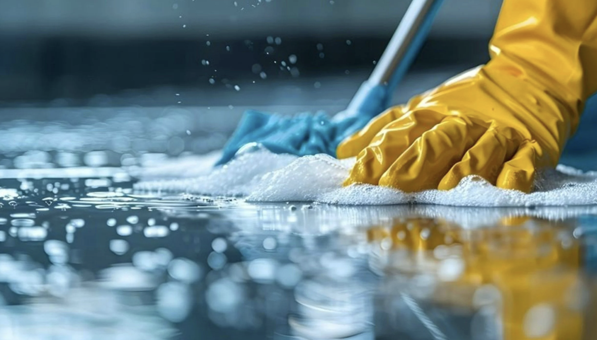 A person wearing yellow rubber gloves cleaning a surface with a blue scrub brush amid soapy water or cleaning solution.
