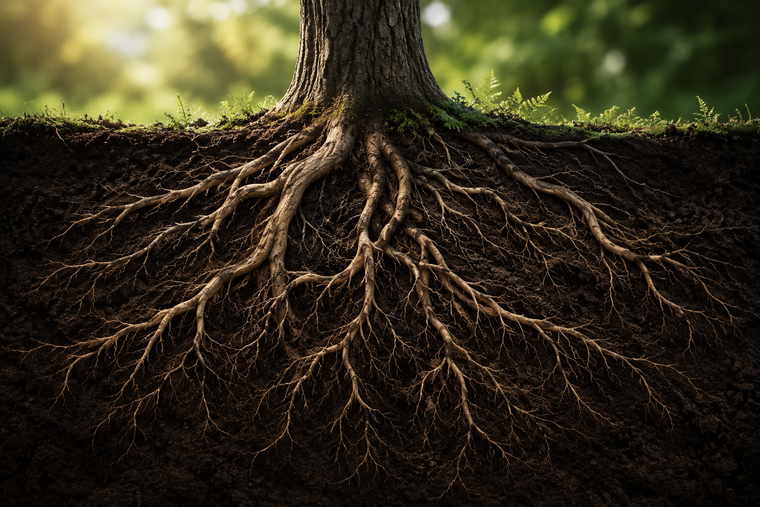 Cross-section of soil showing roots of a tree with green foliage and blurred background.