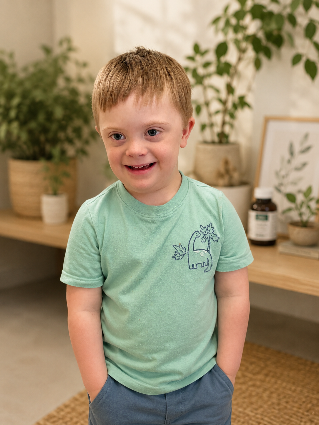 A young boy with red hair and blue eyes wearing a light green t-shirt with a dinosaur graphic, standing indoors with a background of potted plants, a bottle of supplements, and botanical artwork.