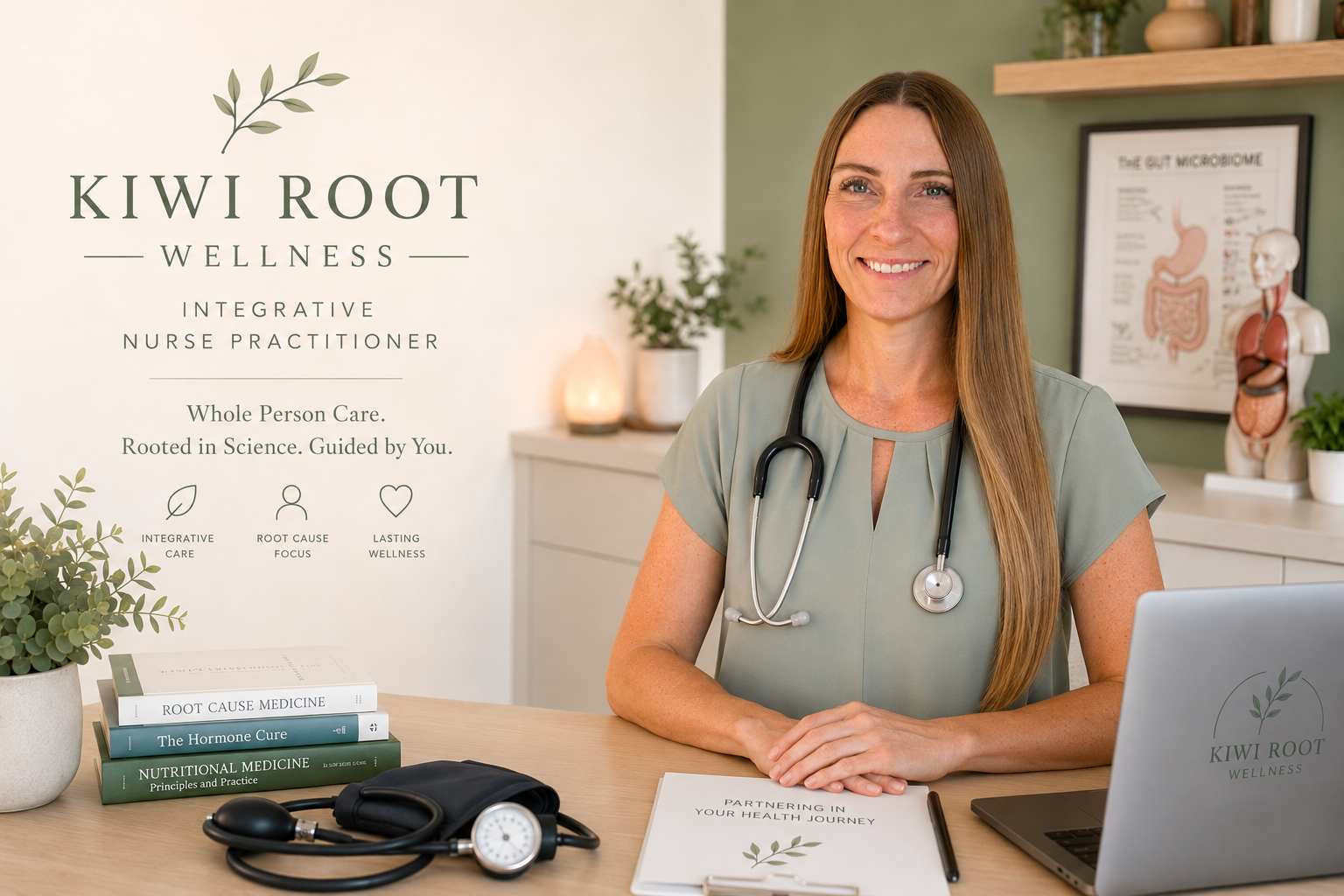 A smiling female healthcare professional with long brown hair, wearing a stethoscope and green scrubs, sitting at a desk with medical books, a laptop, and a blood pressure cuff.