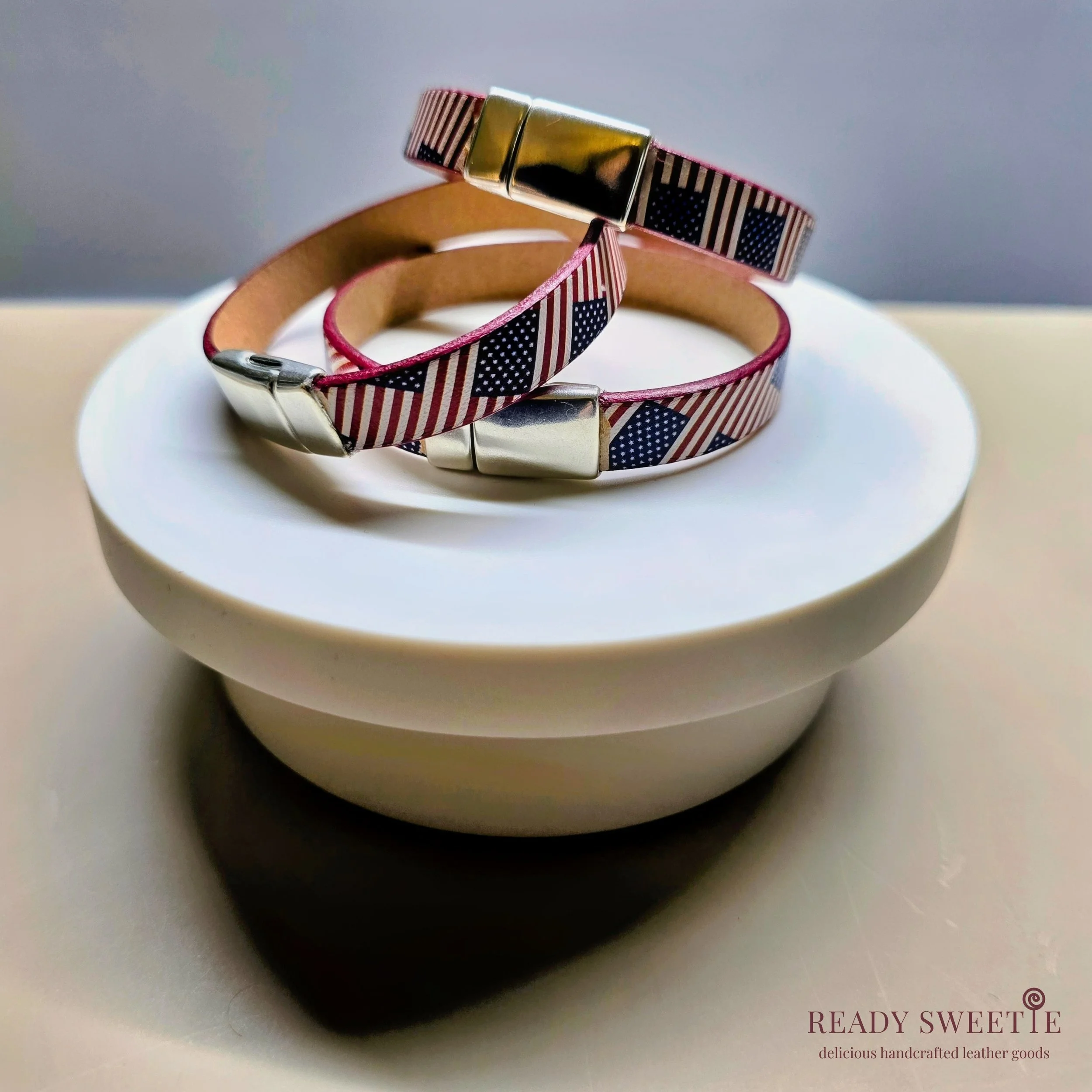 American Flag 10mm Leather Bracelet, Silver Magnetic Clasp