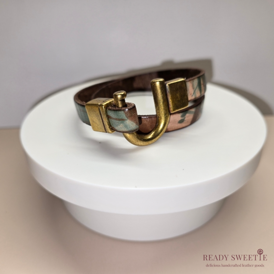 Camo 10mm Double Wrap Leather Bracelet, Antique Brass Hook, Size M