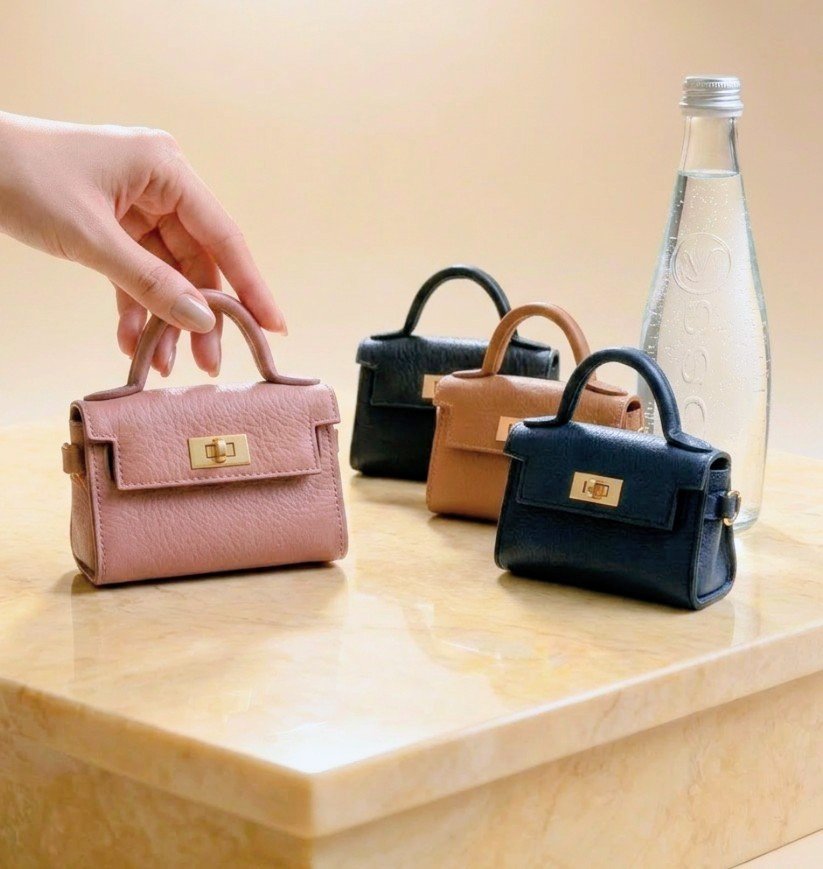 Four leather miniature keychain handbags in pink, black, brown, and navy blue placed on a beige marble surface with a clear water bottle in the background.
