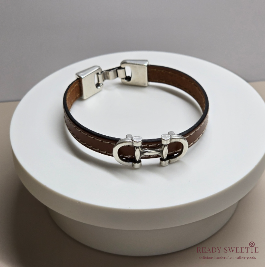 Horsebit Slider 10mm Leather Bracelet, Brown Stitched with Silver Interlocking Clasp, Size L