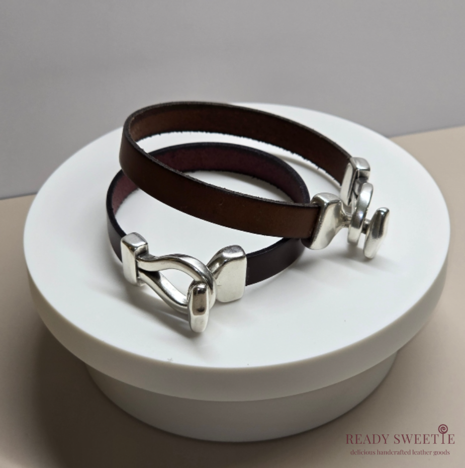 Single 10mm Leather Bracelet, Tan with Silver Double Hook Toggle, Size XL