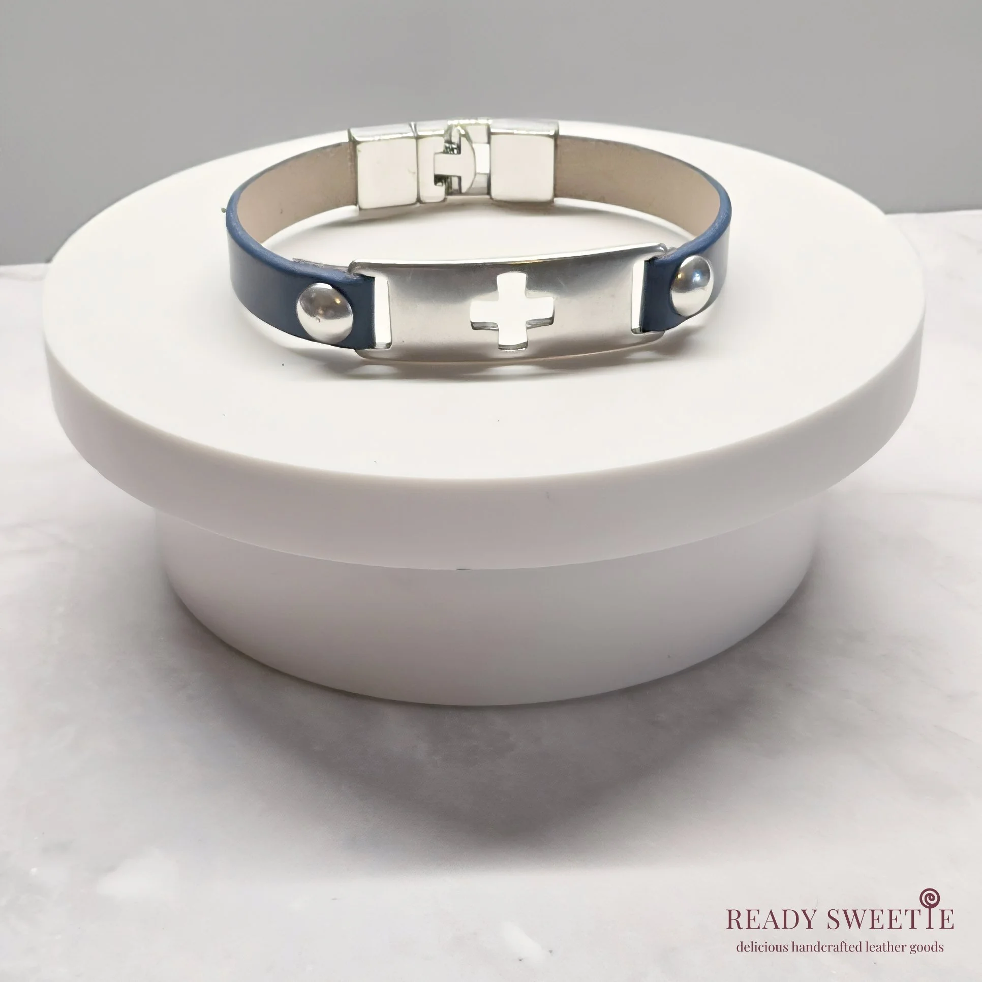 T1D Medical Cross Bracelet, Blue Leather