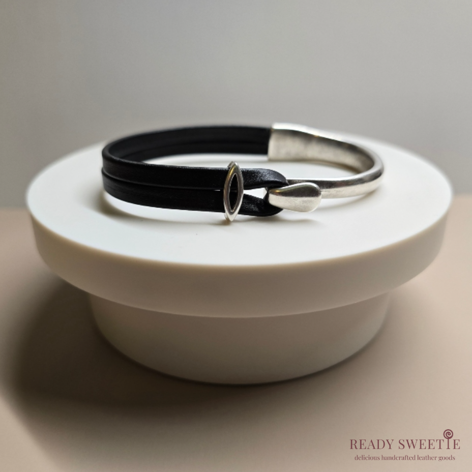 Half Bracelet 5mm Leather, Black with Silver Hook and Loop Closure, Size L