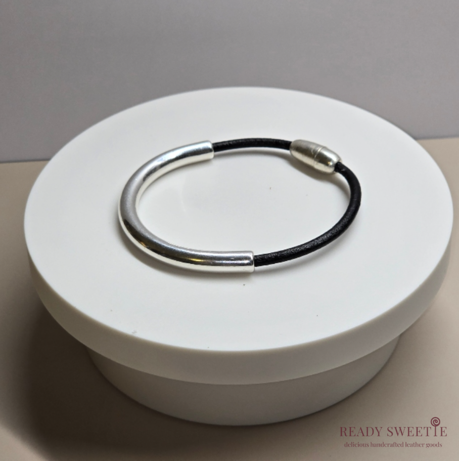 Round Leather Bracelet, Black 3mm with Silver Tube and Magnetic Clasp, Size S S