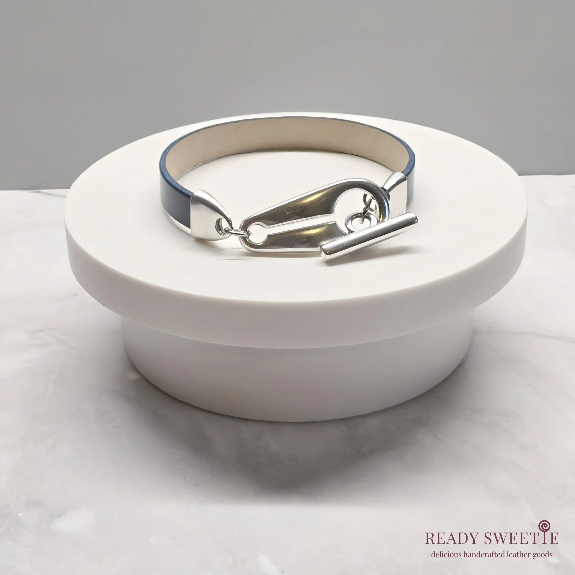 Diabetes Awareness Bracelet, Blue Leather, Silver Toggle