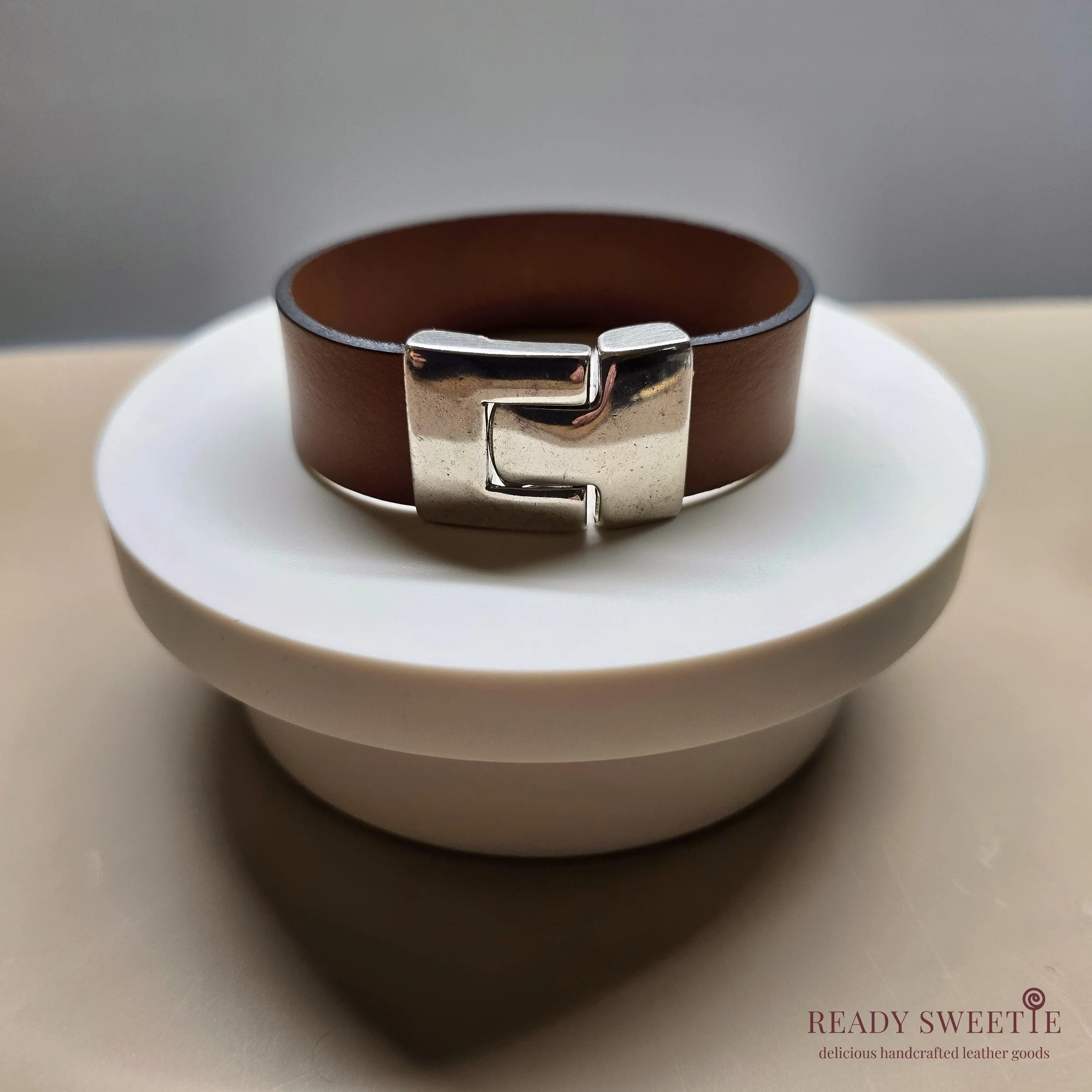 Wide Cuff 20mm Leather Bracelet, Tan Brown with Elegant Silver Clasp, Size M/S