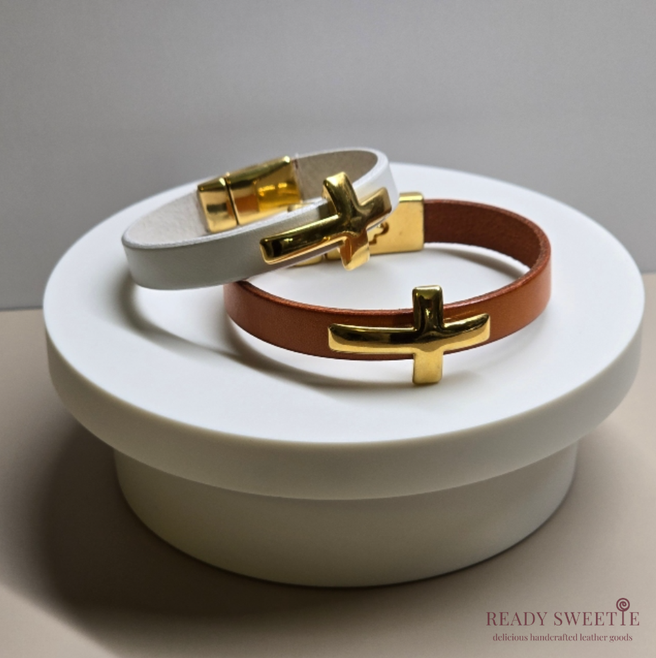 White Leather Bracelet 10mm with Gold Cross Slider and Gold Magnetic Clasp, Size XS