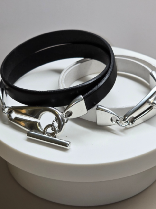 Handmade black and white double wrap leather bracelets with silver toggle clasps, by Ready Sweetie