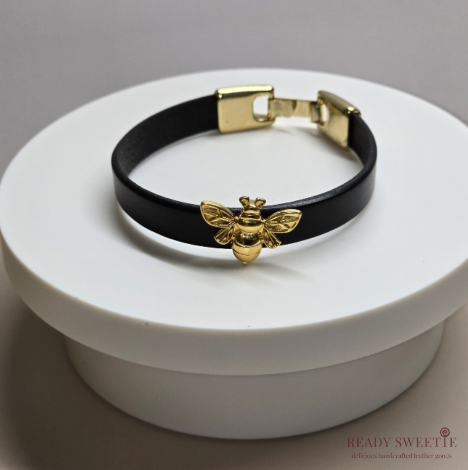 Honeybee Slider 10mm Leather Bracelet, Black with Gold Push-Lock clasp, Size M