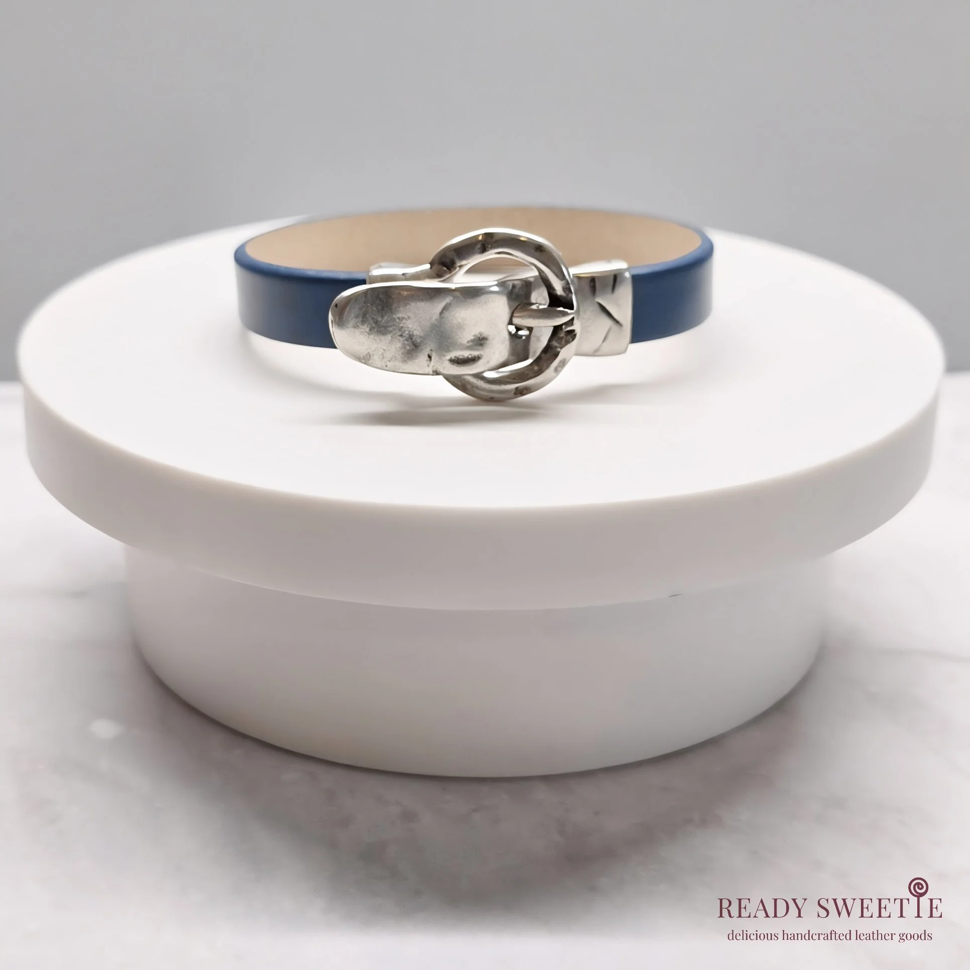 Diabetes Awareness Bracelet, Blue Leather, Silver Buckle