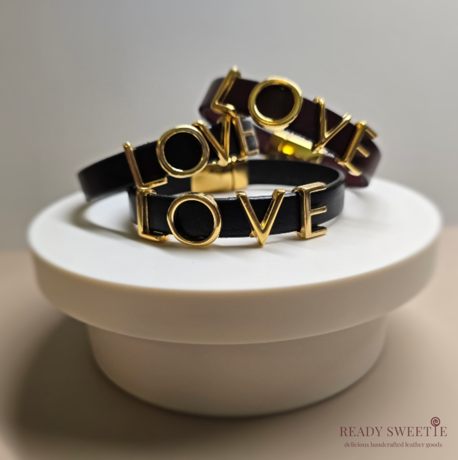LOVE Bracelet, 10mm Leather with Gold Letters and Gold Magnetized clasp, Size M