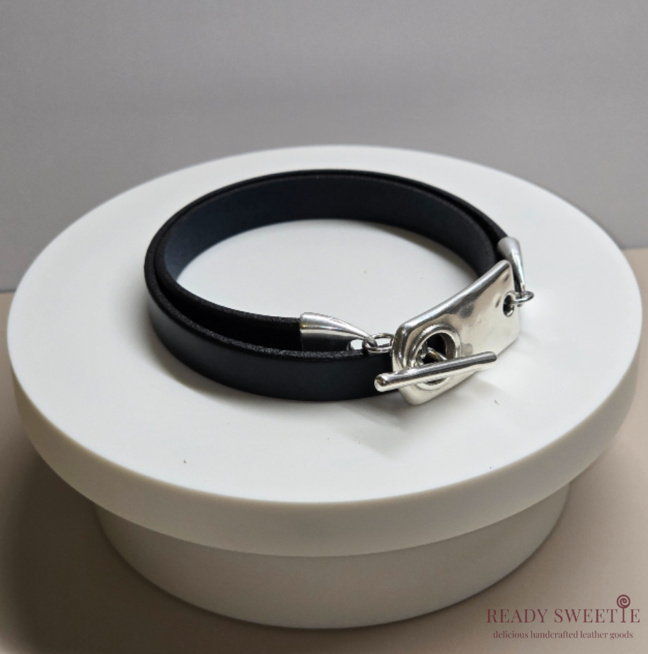 Dark Teal Double Wrap 10mm Leather Bracelet, Silver Toggle, Size M