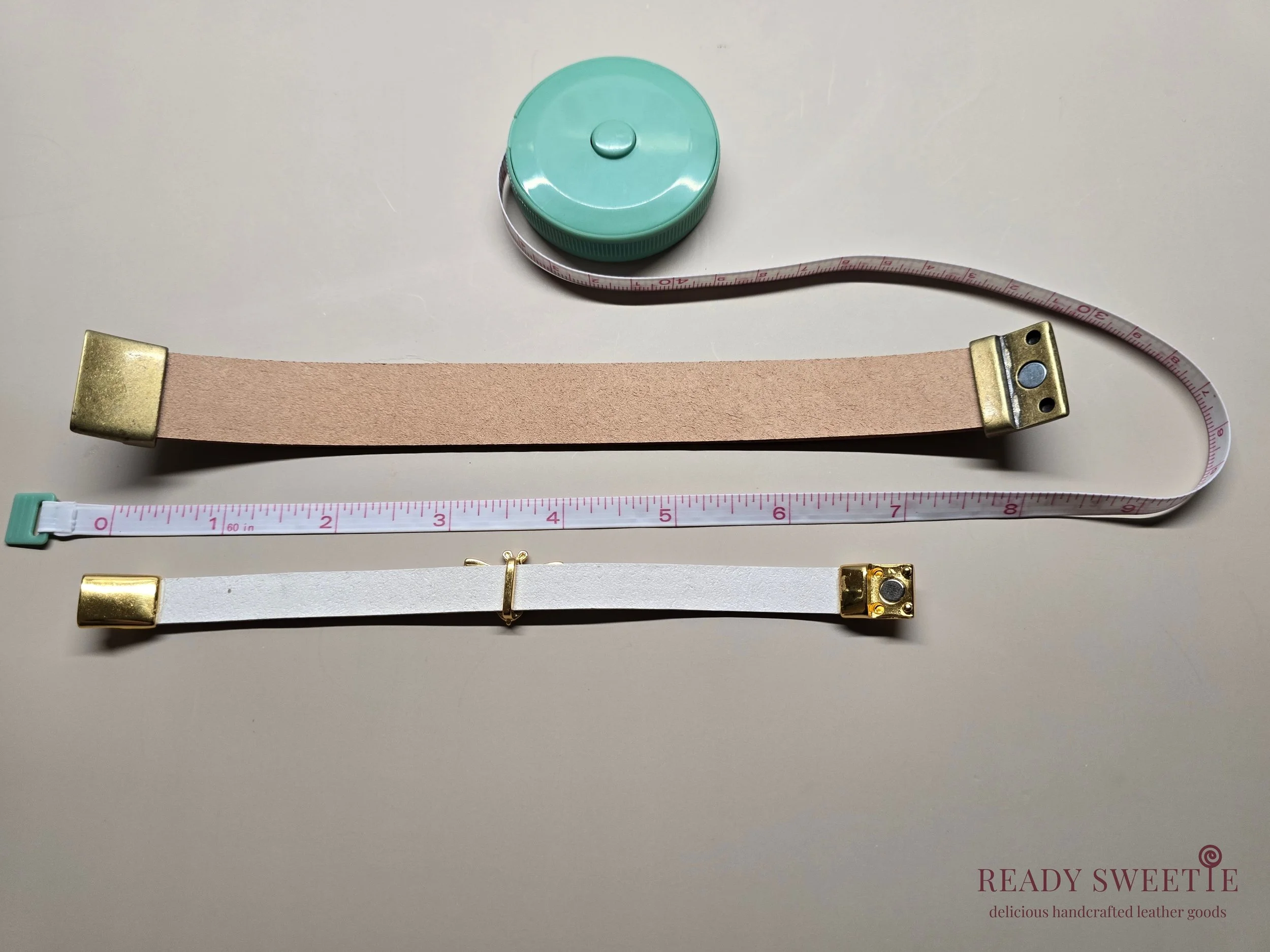 Leather bracelets measured against a tape measure, showing how to find your bracelet size for Ready Sweetie bracelets