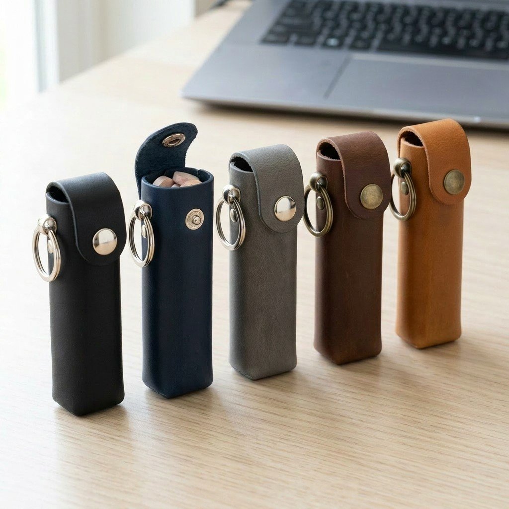 Five cylindrical leather cases for a keychain with metal rings, arranged in a row on a wooden surface, with a laptop in the background. One is open and contains emergency glucose tablets.