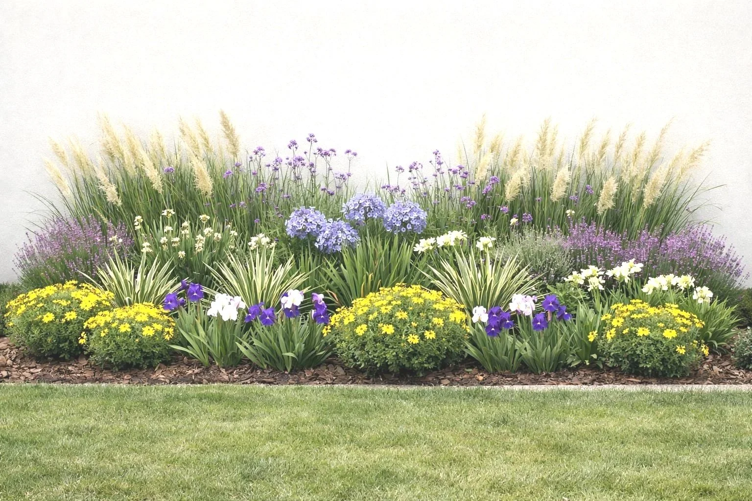 Jardín con diferentes flores de colores, incluyendo gramineas, salvias, lirios blancos y violetas, en una fila frente a un muro blanco.