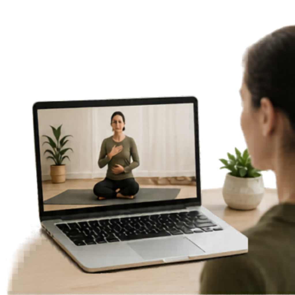 A woman on a video call practicing meditation or mindfulness from her home, sitting cross-legged on a yoga mat, with a potted plant nearby.