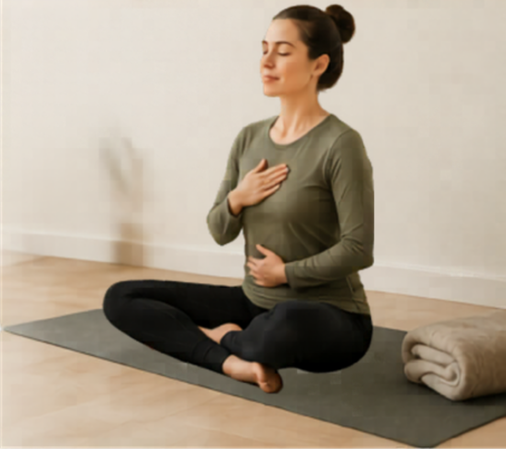 A woman practicing yoga or meditation in a seated cross-legged position with eyes closed, one hand on her chest, and her other hand on her stomach, on a yoga mat in a minimalist room with a rolled towel nearby.