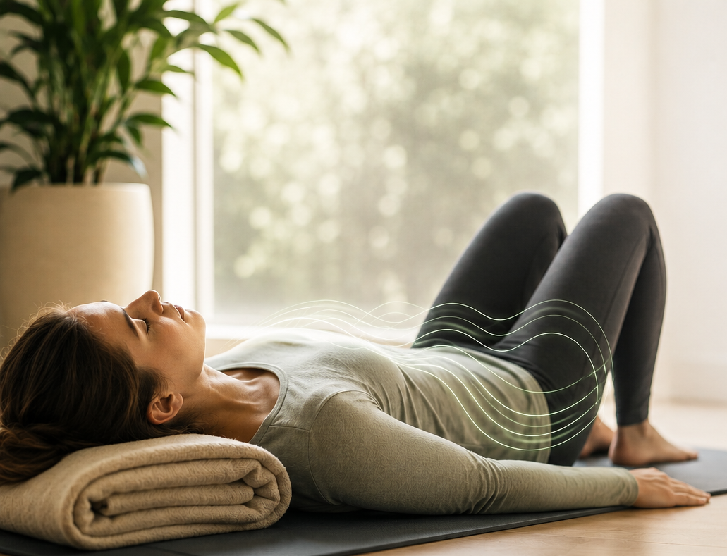 A woman practicing TRE® at home, lying on a yoga mat with her eyes closed, with a towel under her head, in a room with sunlight and a large plant in the background.