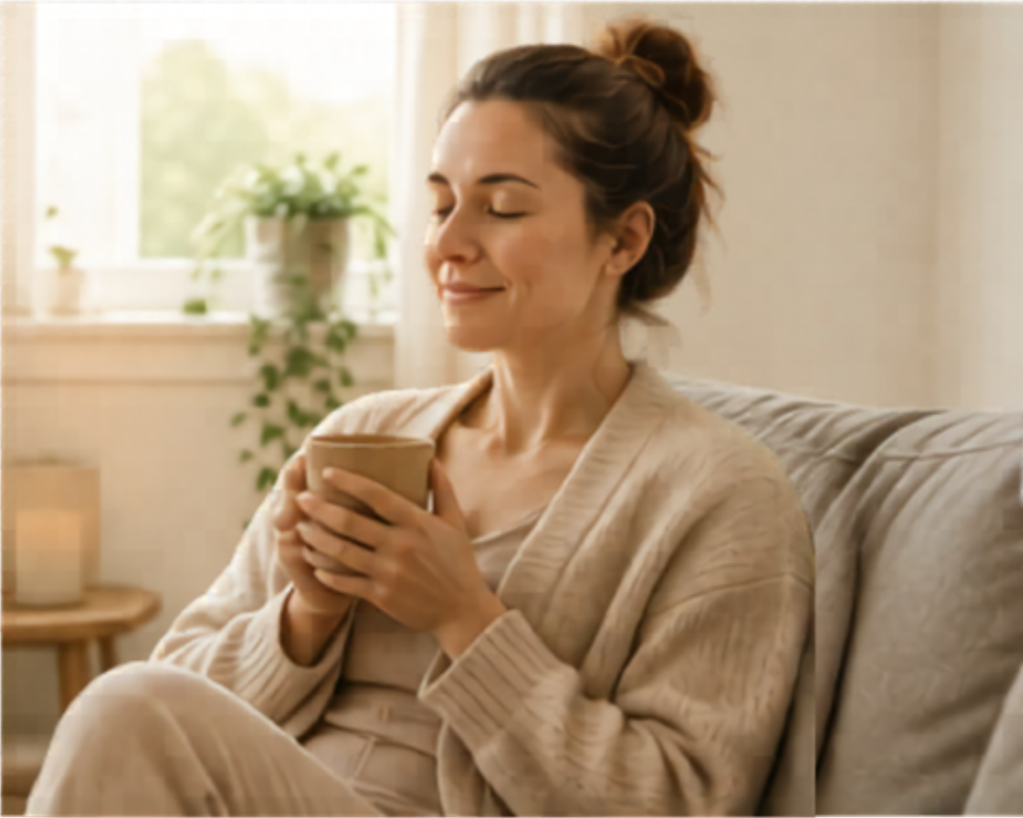 A woman sitting on a couch, holding a cup with both hands, smiling with her eyes closed in a cozy, well-lit room.
