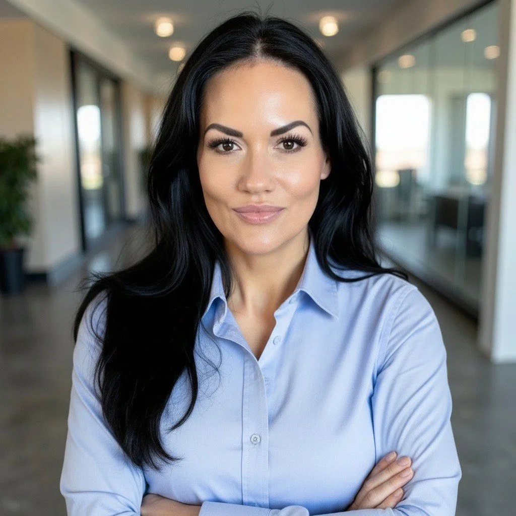 A woman with long black hair and light makeup wearing a light blue button-up shirt, standing in a modern office corridor with large windows.