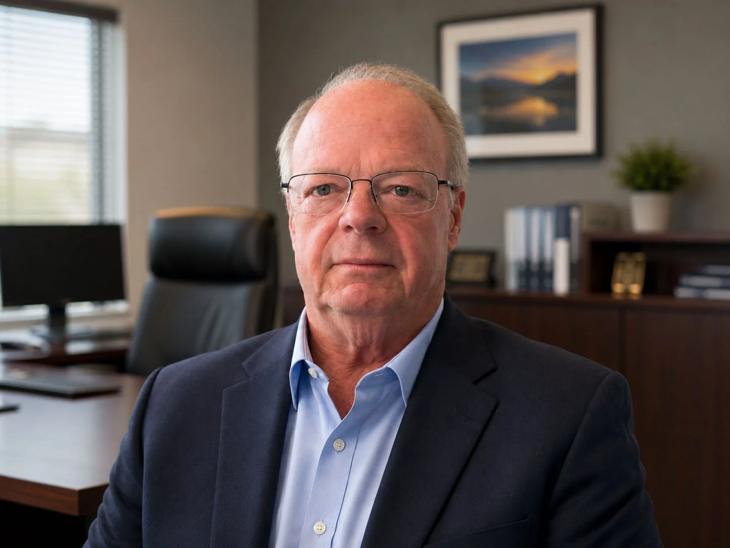 A mature man wearing glasses and a dark suit sitting in an office with a window, framed picture, potted plant, and bookshelf in the background.