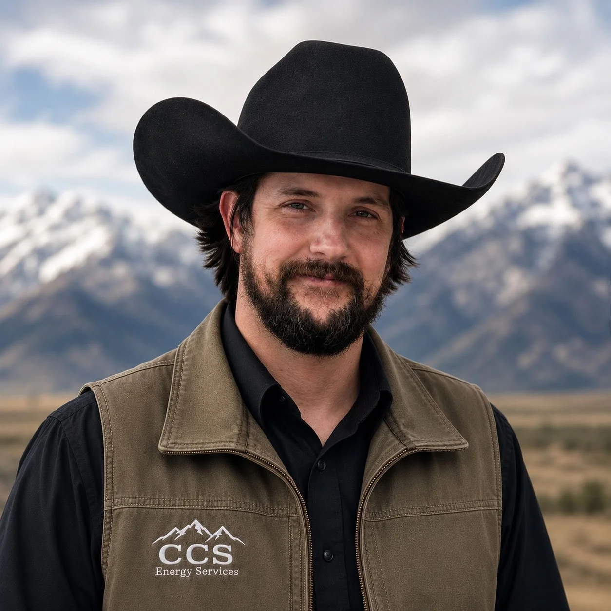 A man with a beard and mustache wearing a black cowboy hat, a black shirt, and a brown vest with the logo of CCS Energy Services, standing outdoors with mountains and a cloudy sky in the background.