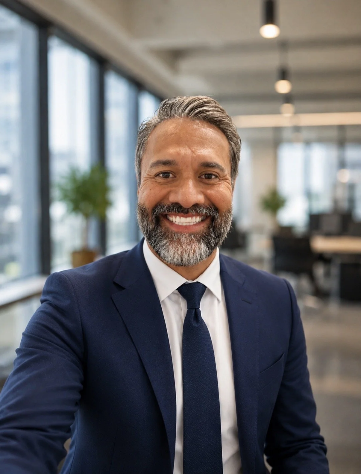 A smiling man with a beard and gray hair, wearing a navy blue suit and tie, in a modern office with large windows and plants in the background.