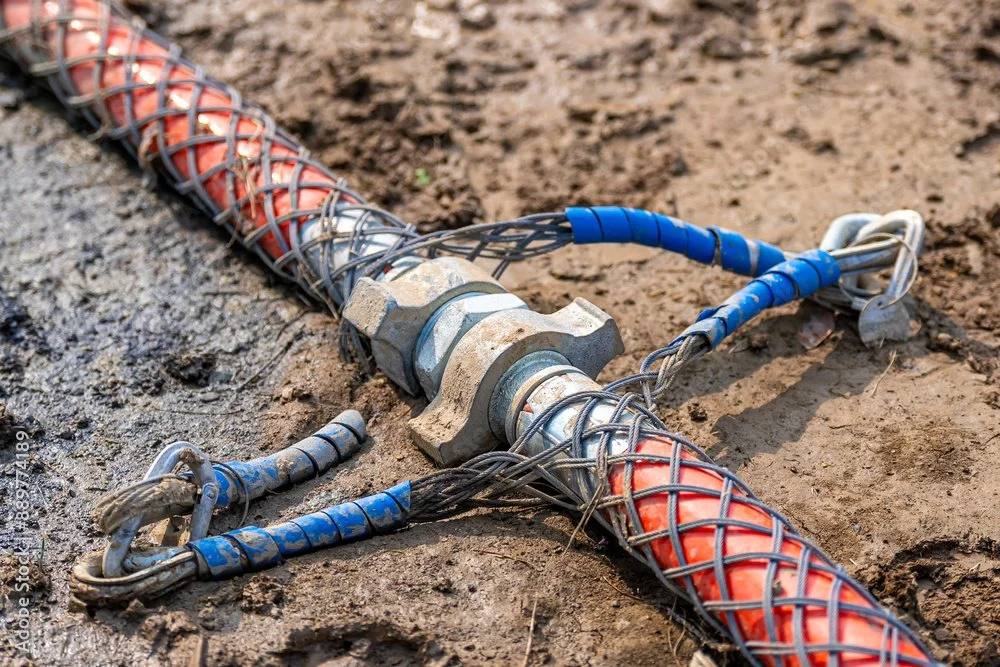 A broken underground electrical cable with exposed wires and damaged insulation on the ground.