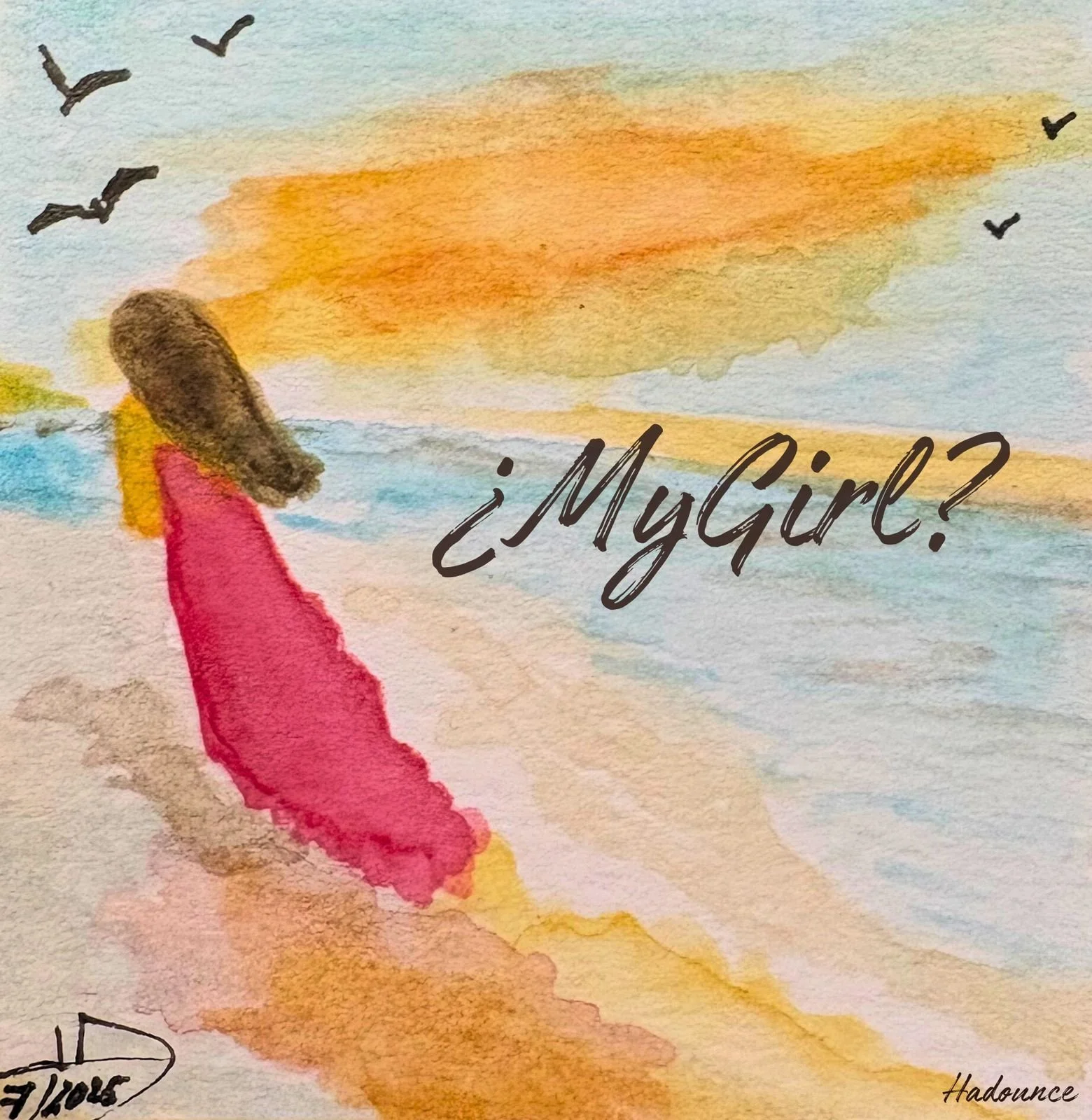Dibujo con un fondo de cielo y nubes pintadas con acuarela. Hay aves volando en el cielo y una figura de una persona con un vestido rosa mirando hacia arriba. La imagen contiene texto que dice '¿MyGire?' y la firma de la artista 'Hadounce'.