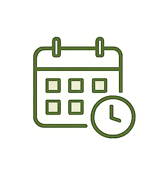 Outline of a calendar with a clock in the bottom right corner.