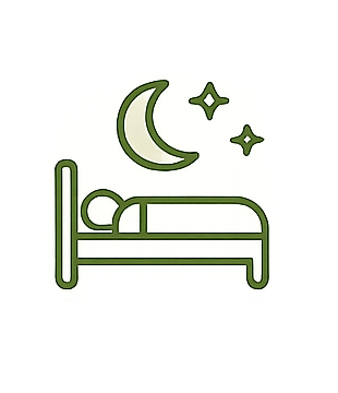 Green line drawing of a person sleeping in a bed with a moon and stars overhead.