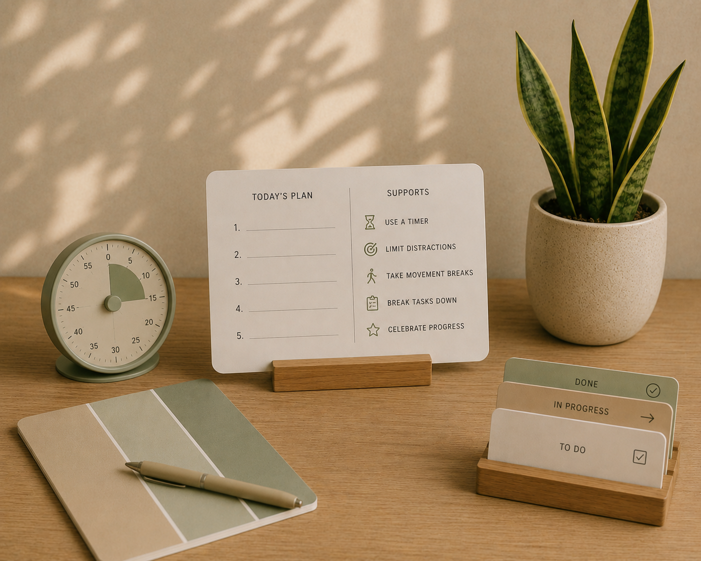 Cognitive rehabilitation tools illustration with structured planning materials
