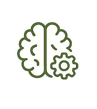 An illustration of a brain with a gear inside it, symbolizing cognitive processes and mental functions.