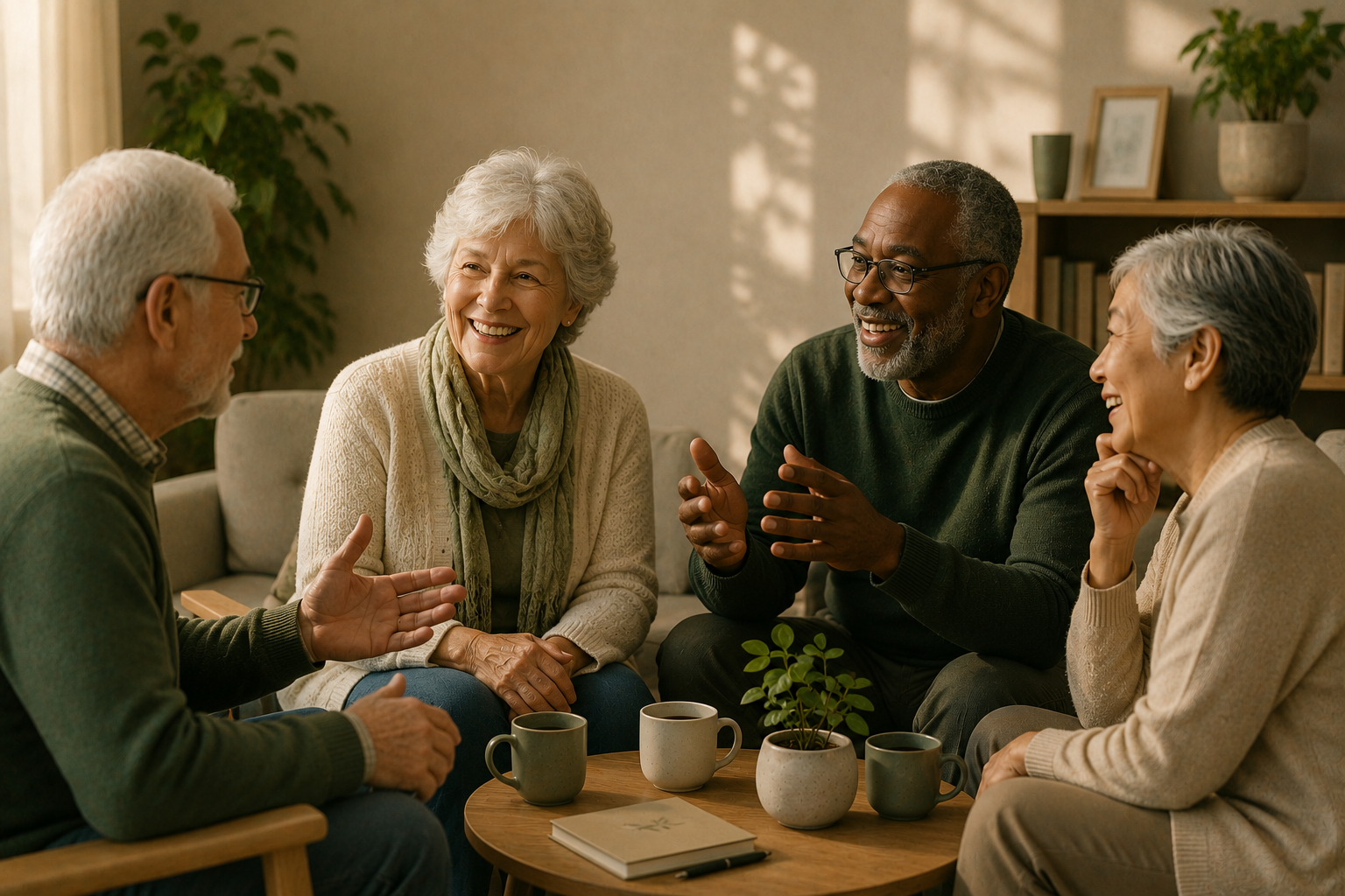 Older adults in supportive conversation representing cognitive aging support
