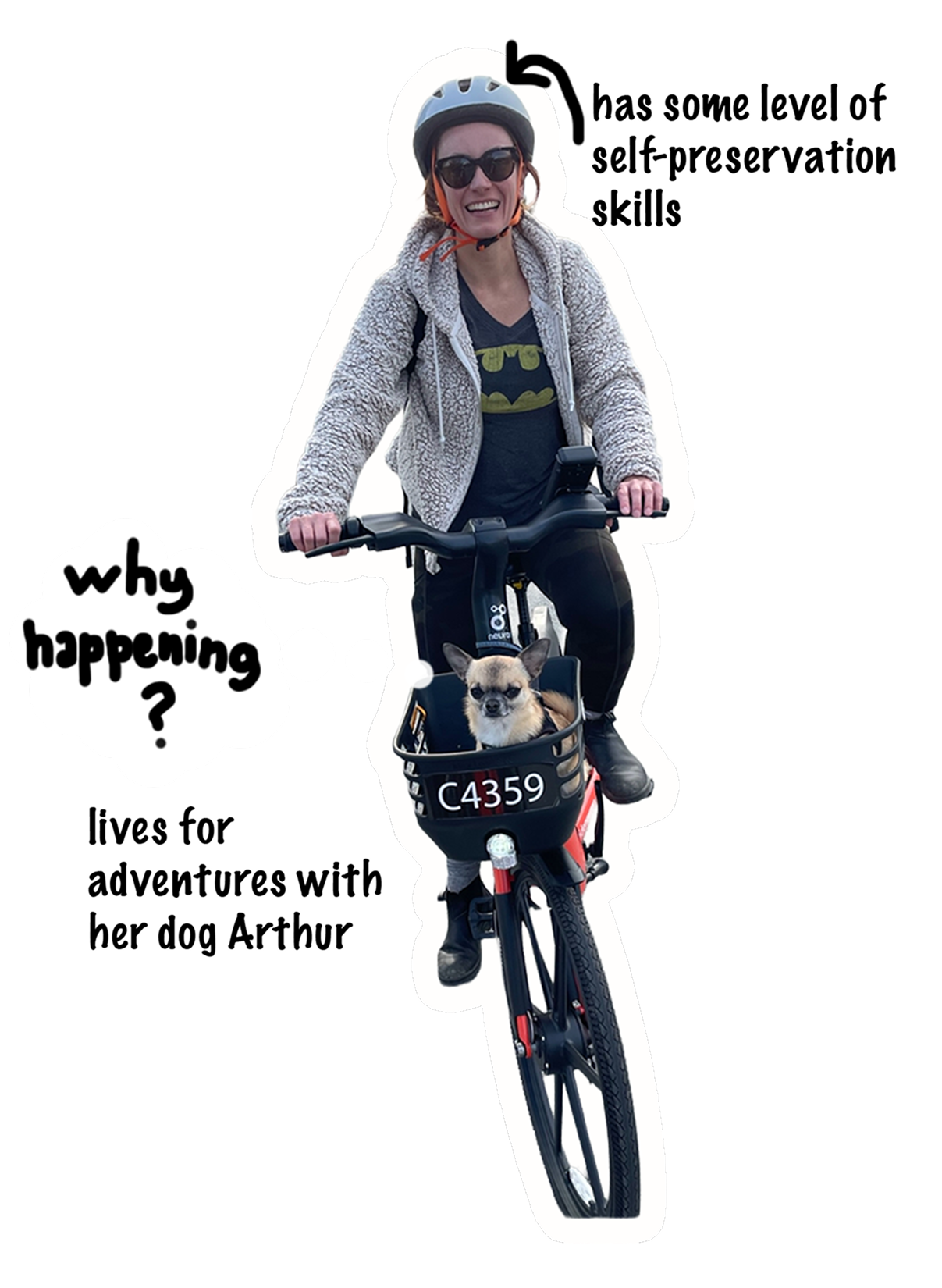 Lisa riding a bicycle, while wearing a helmet, with her chihuahua in the front basket.