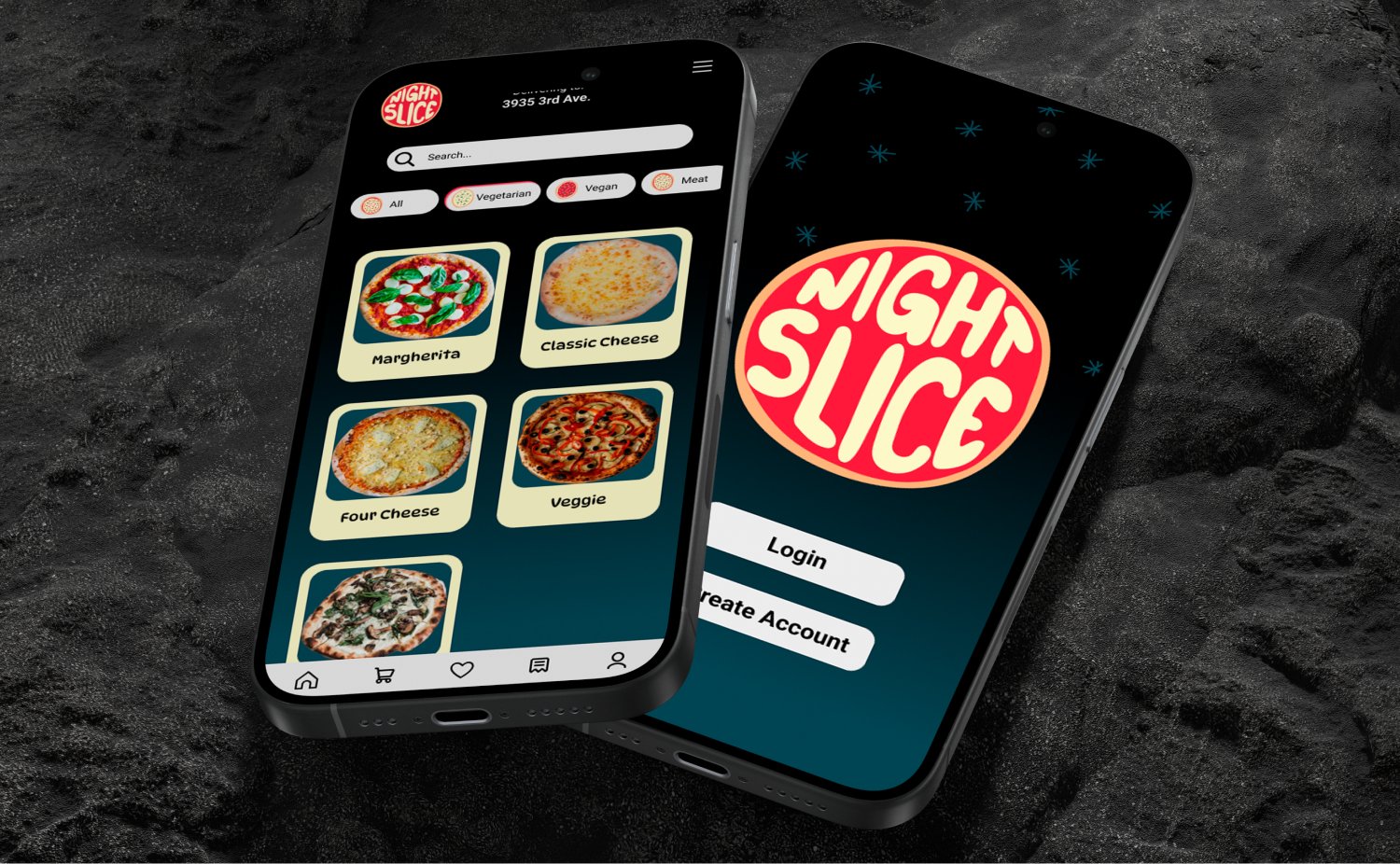 Two smartphones on a dark textured surface, one displaying a pizza ordering app with a menu of pizza options and the other showing the Night Slice app login screen with a logo, login, and create account buttons.