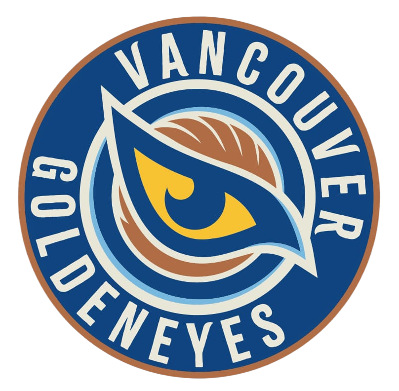 Logo of the Vancouver Goldeneyes PWHL team featuring a stylized golden eye with a blue and brown background.